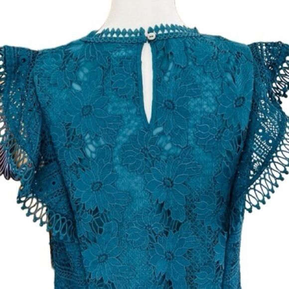 Anthropologie Guest Editor Teal lace ruffle sleeve, 100% polyester, lined, sz M - Picture 4 of 7